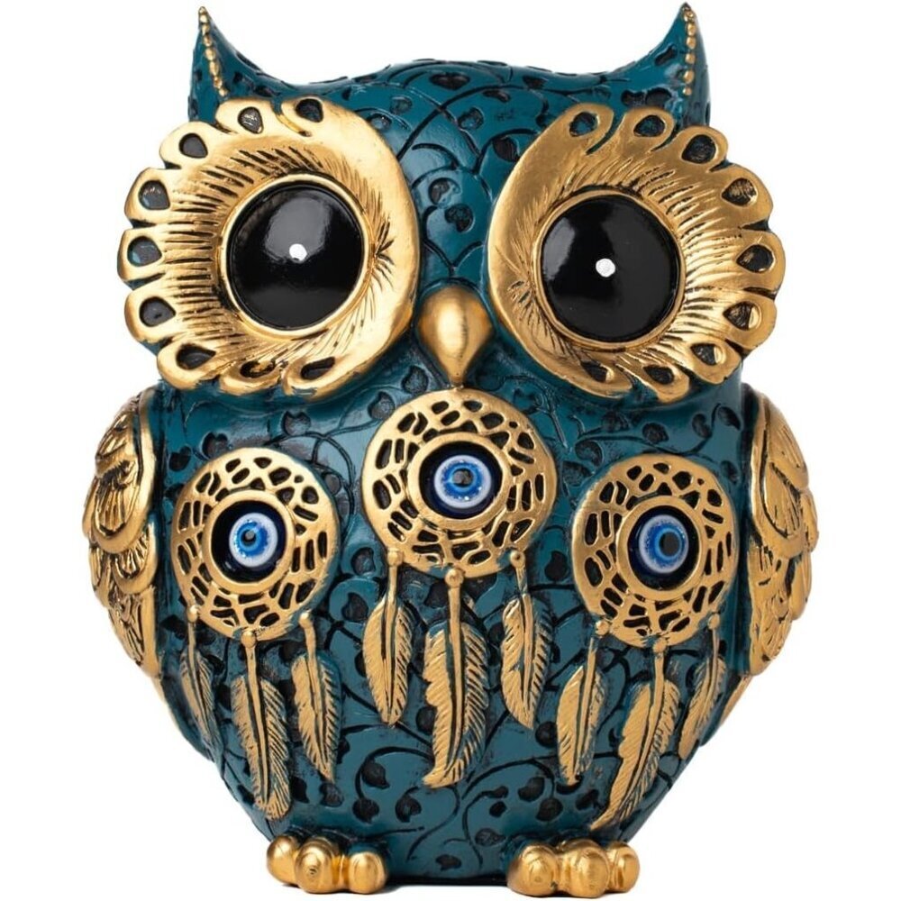 Decorative Owl Figurine Vintage Blue and Gold Owl Statue Home Décor (Blue)